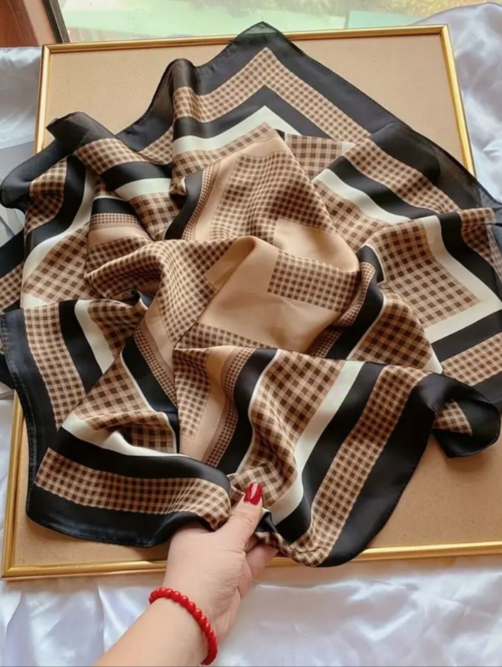 Silk-feel  Brown Patterned Scarf - Elegant Women's Head Scarf, Neck Scarf - Picture 2 of 5